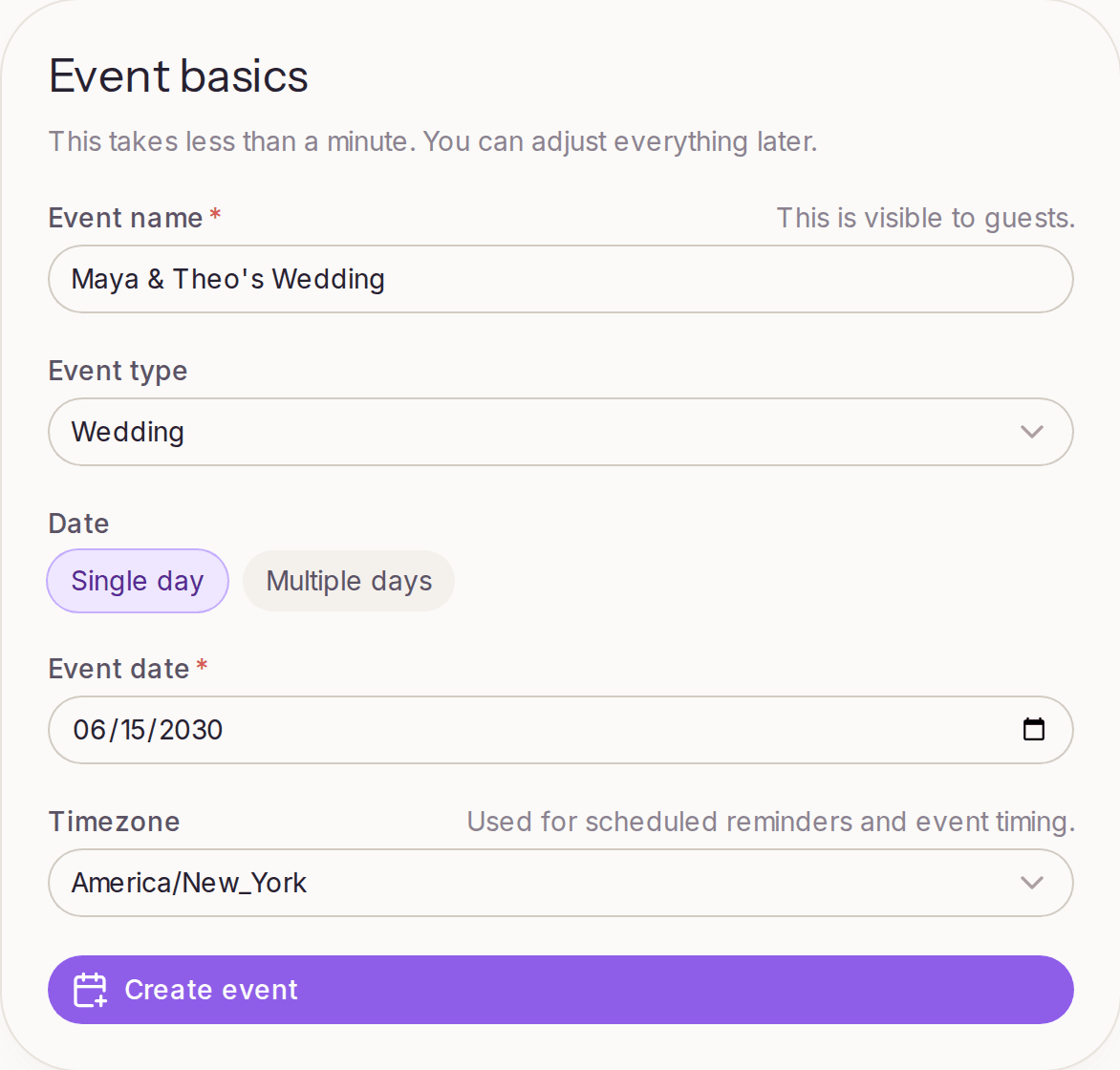 The Event basics form with the event name, type, date, and timezone filled in