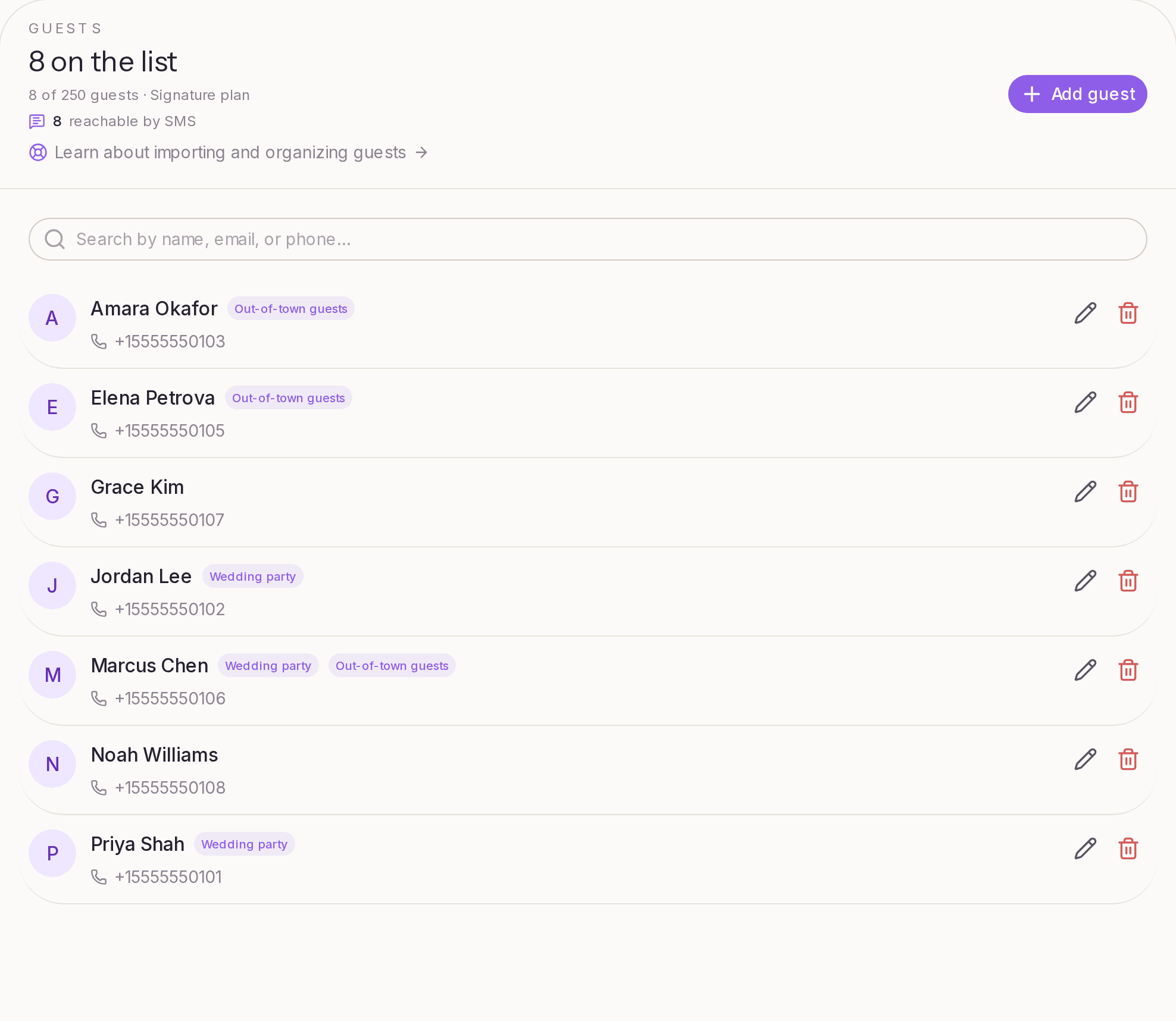 A guest list where each guest shows the groups they belong to