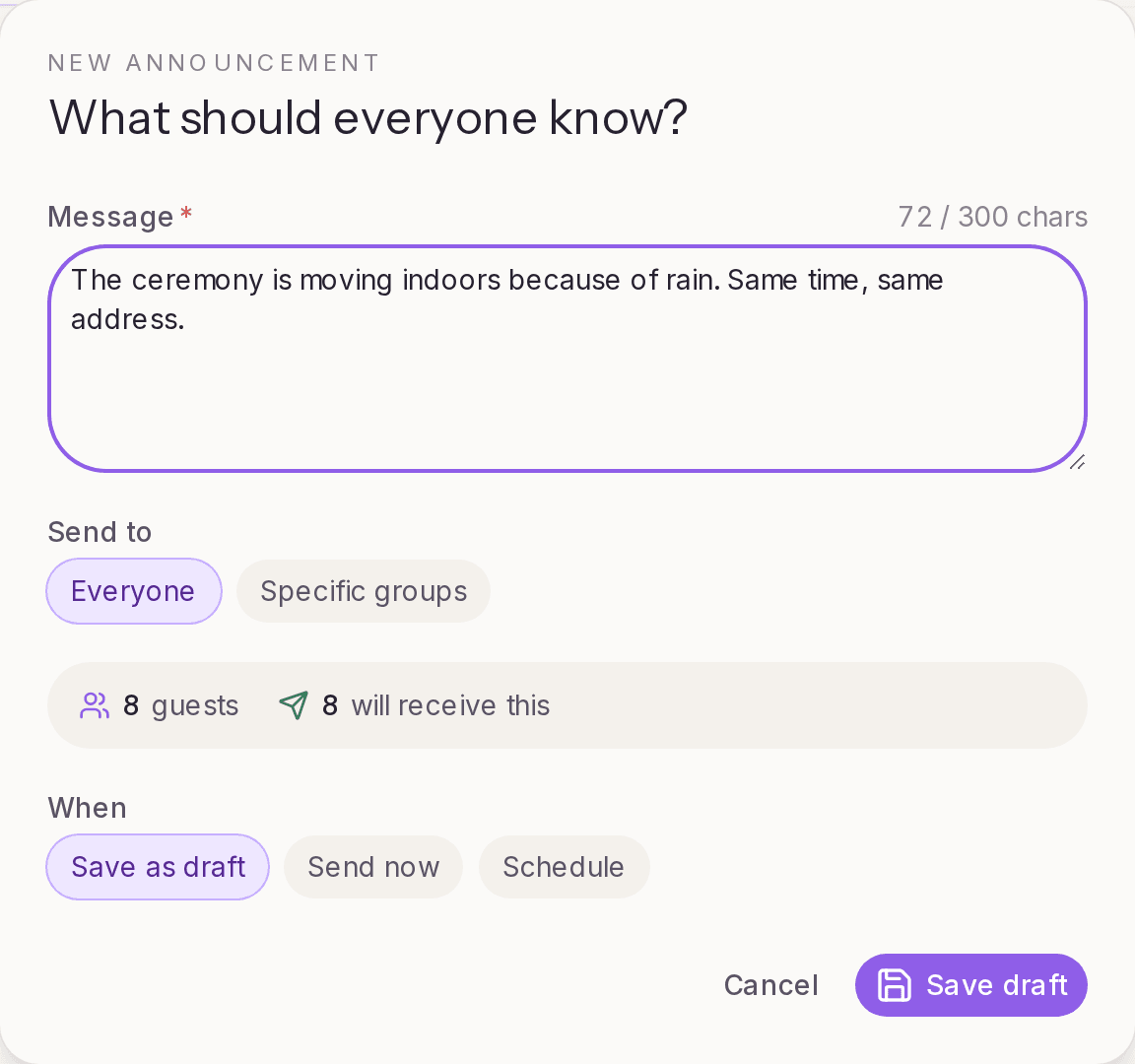 The New announcement form with a message, recipients, and send options