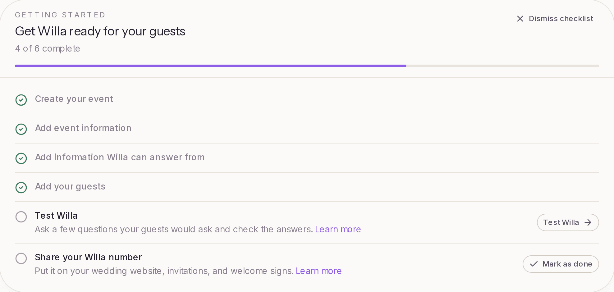 The Get Willa ready for your guests checklist on an event's Overview, with four of six steps complete