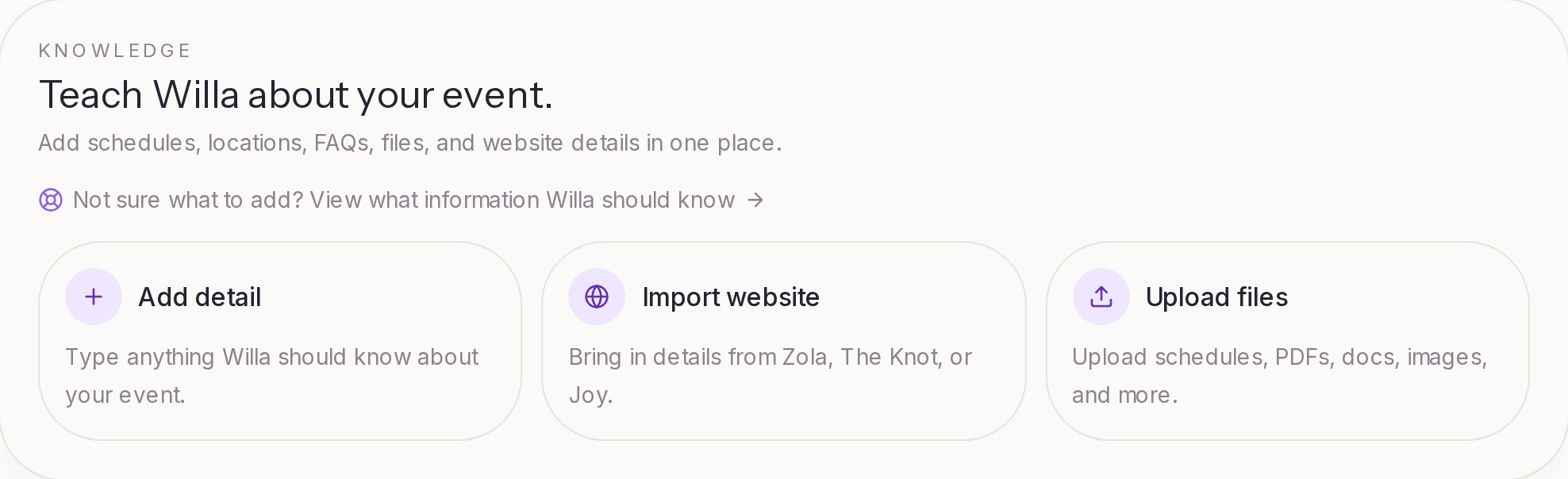 The Teach Willa page with options to add a detail, import a website, or upload files