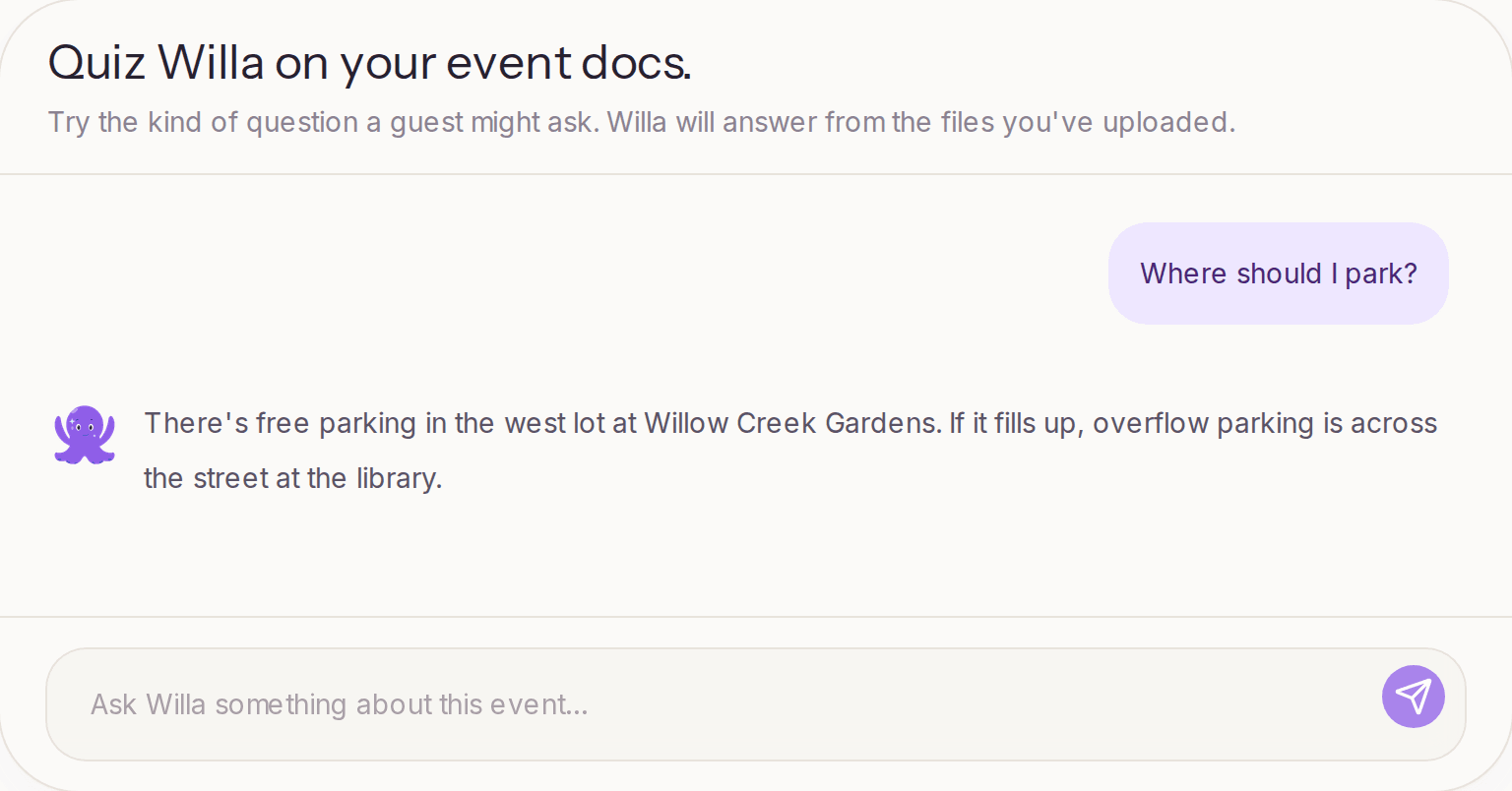 Test Willa answering a guest's question about where to park
